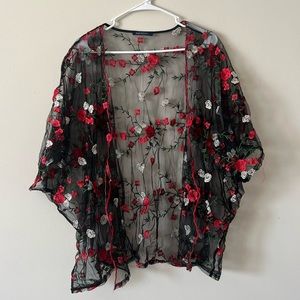 Rose stitched mesh kimono
